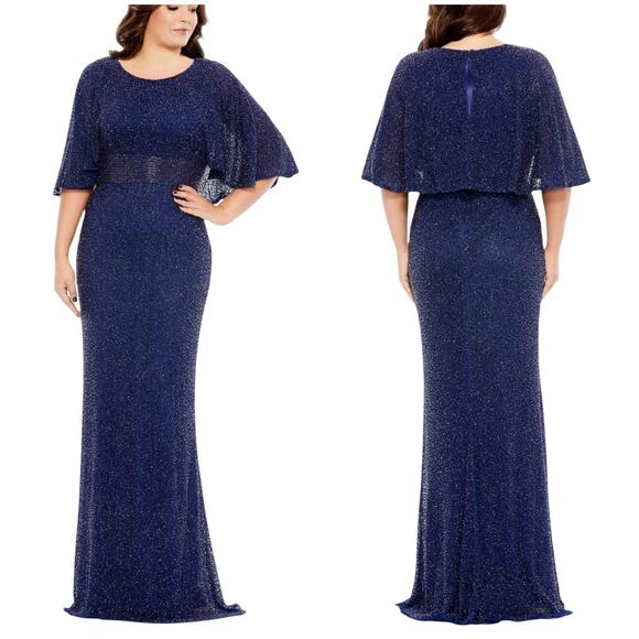 Mac Duggal NWT Embellished Cape Sleeve Sequin Beaded Dress Midnight Blue Size 24